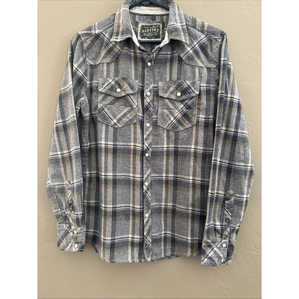 BKE‎ Buckle Long Sleeve Pearl Snap Shirt Gray Plaid Mens Small Western Rodeo